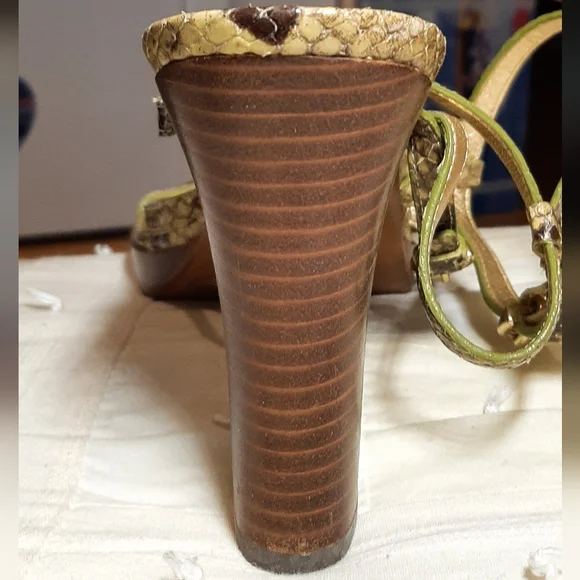 COACH | Green-ish Snake Skin Gold Ankle Strap Heels - Picture 12 of 16